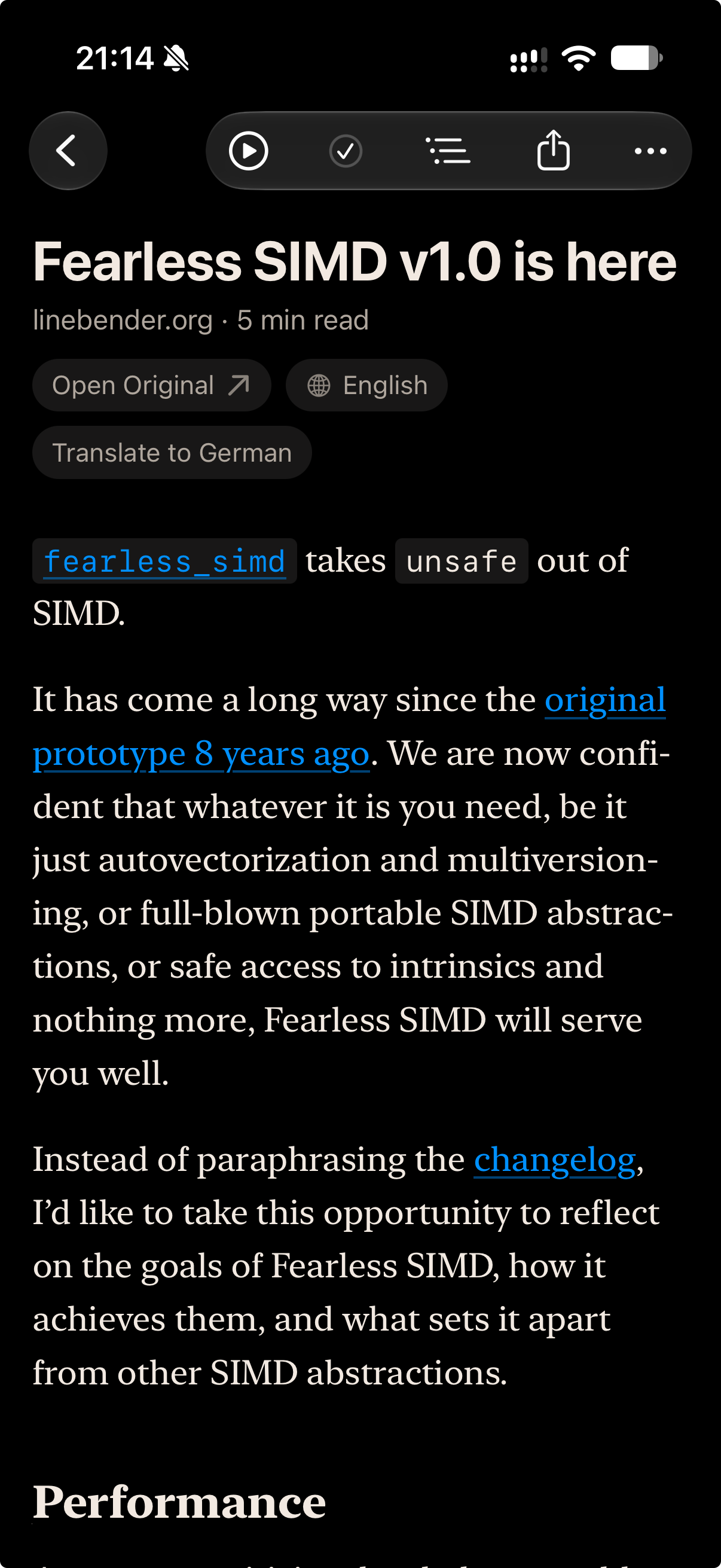 iPhone screenshot of an article in the reader view, set in a serif typeface, with buttons to open the original, show the detected language, and translate the text.