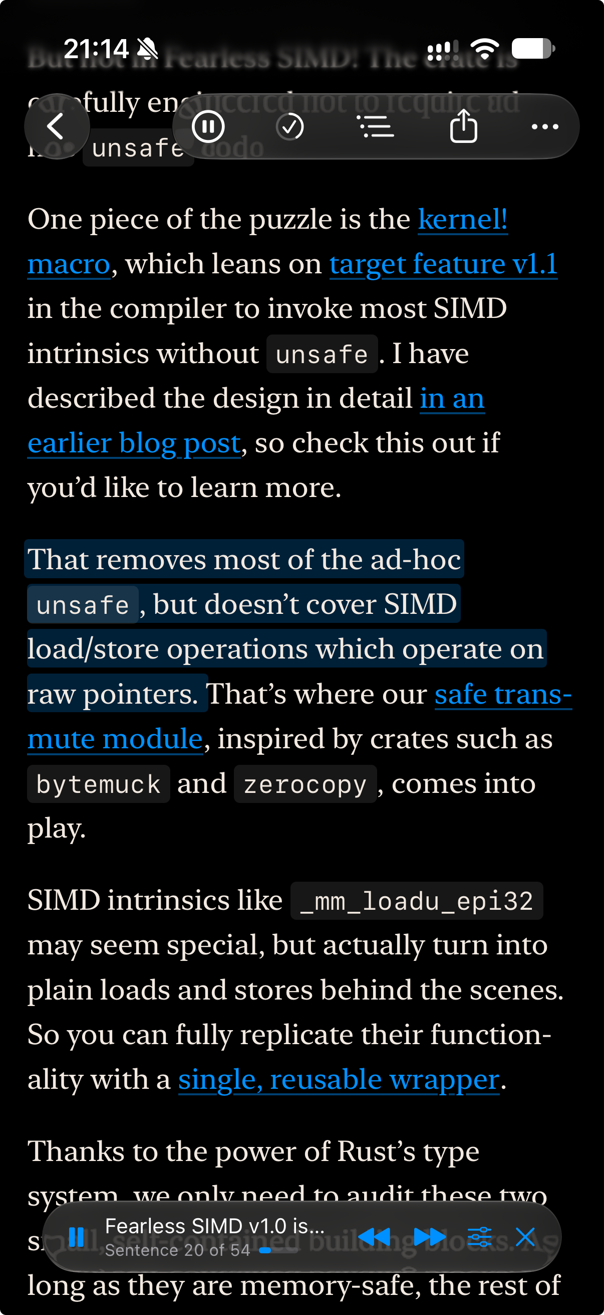 iPhone screenshot of the reader with one sentence highlighted in blue, and a player at the bottom showing the article title and “Sentence 5 of 89”.