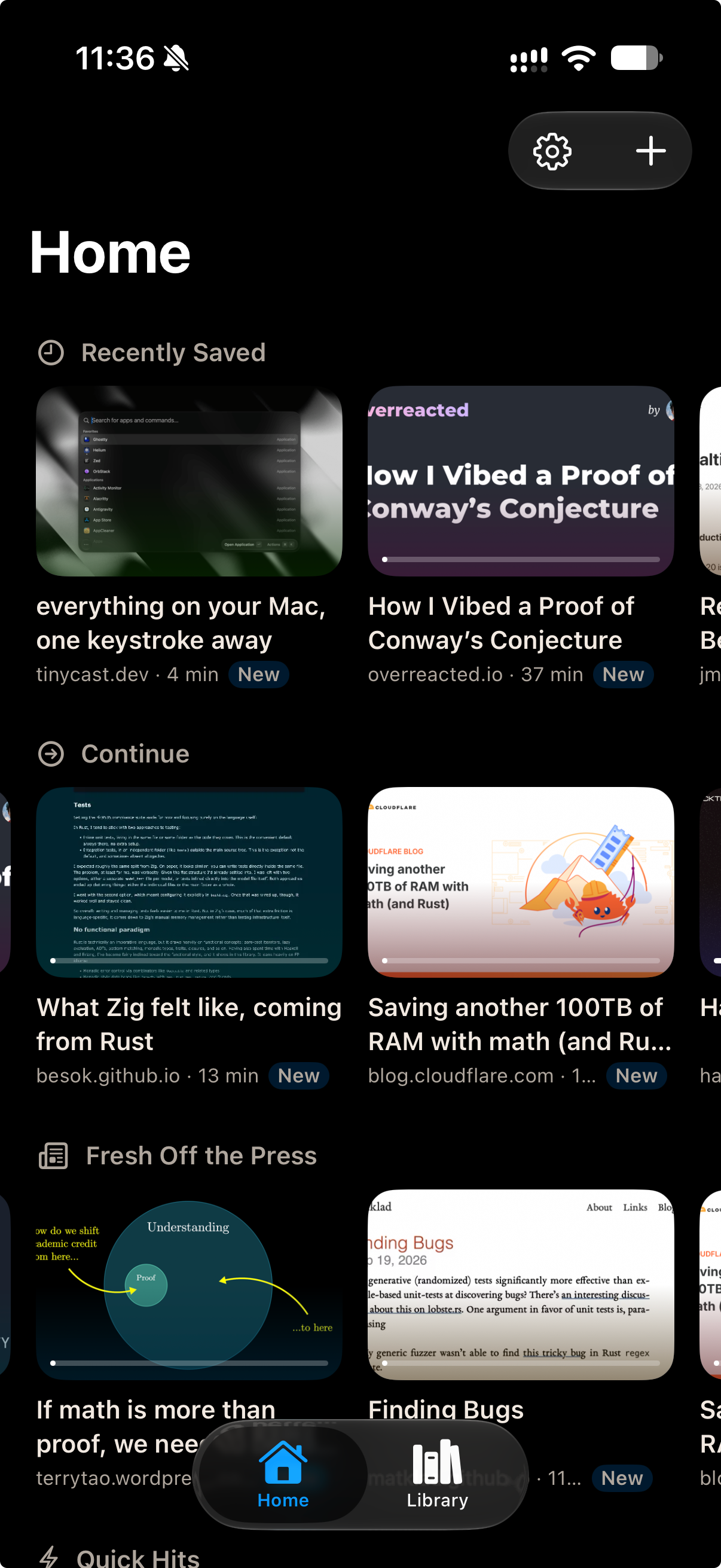 iPhone screenshot of Readleif’s home view: article cards with thumbnails, source, and reading time, grouped into sections named “Recently Saved”, “Continue”, and “Fresh Off the Press”.
